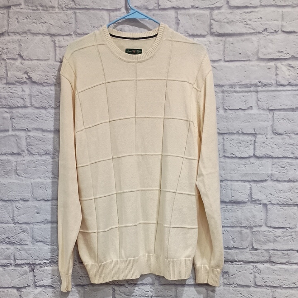 David Taylor Cream Crewneck Sweater with Subtle Grid Pattern